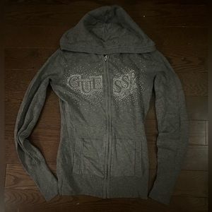 Grey Guess knit fitted rhinestone zip up